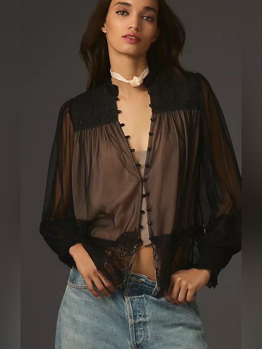 Anthropologie Layered Tule Puff Sleeve Lace Blouse Black Size Large